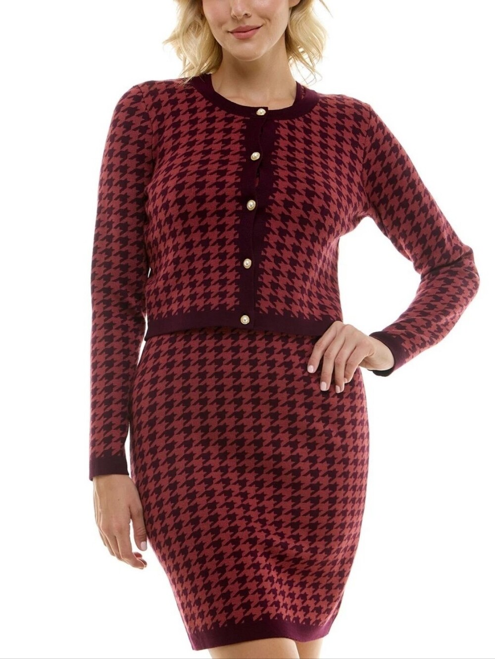 NWT | Taylor | Houndstooth Knit Cardigan & Dress Matching Set | Pink Tan | XS